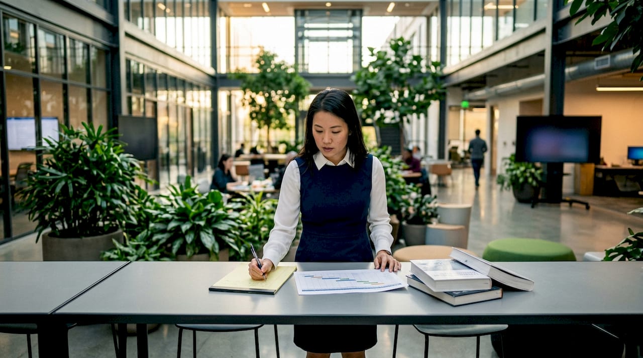 Technical project manager working at office desk