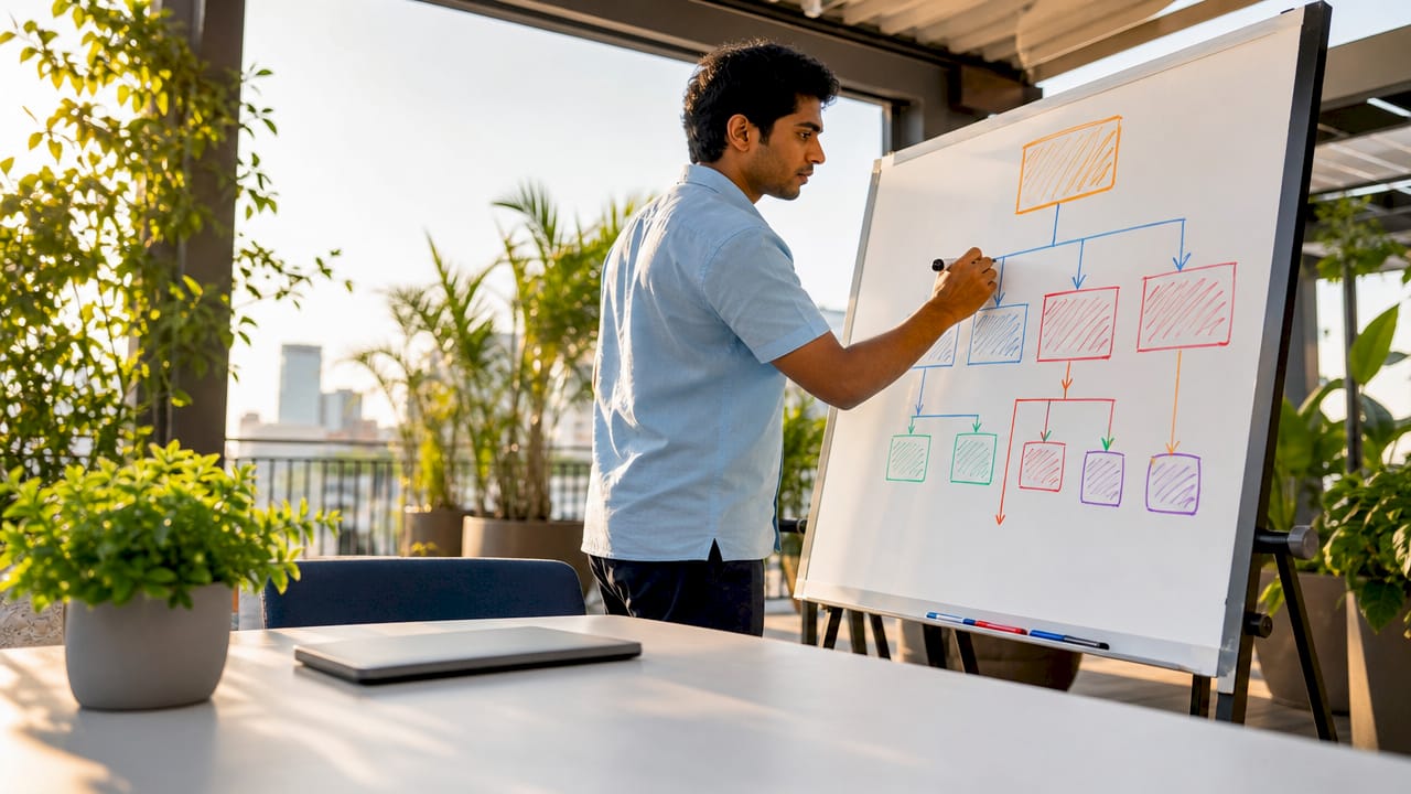Man segmenting goals on whiteboard in office