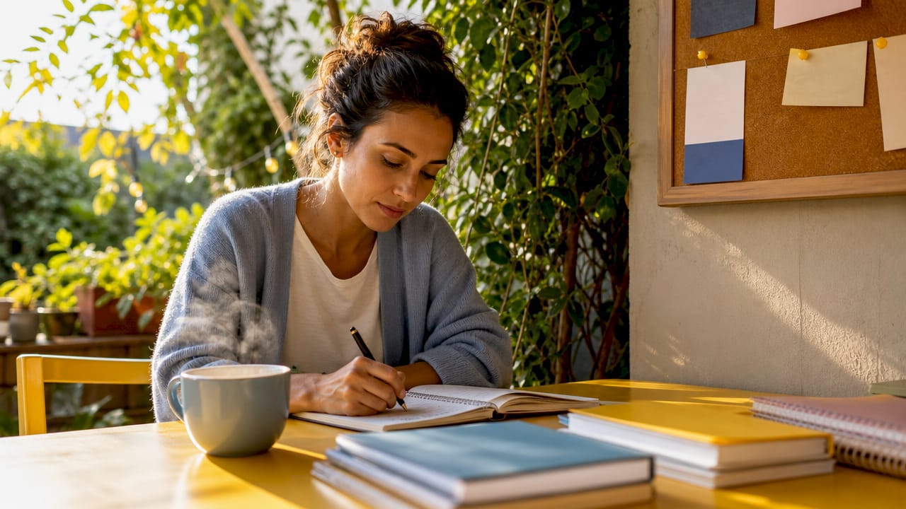 Person writing goal plan at desk in home office