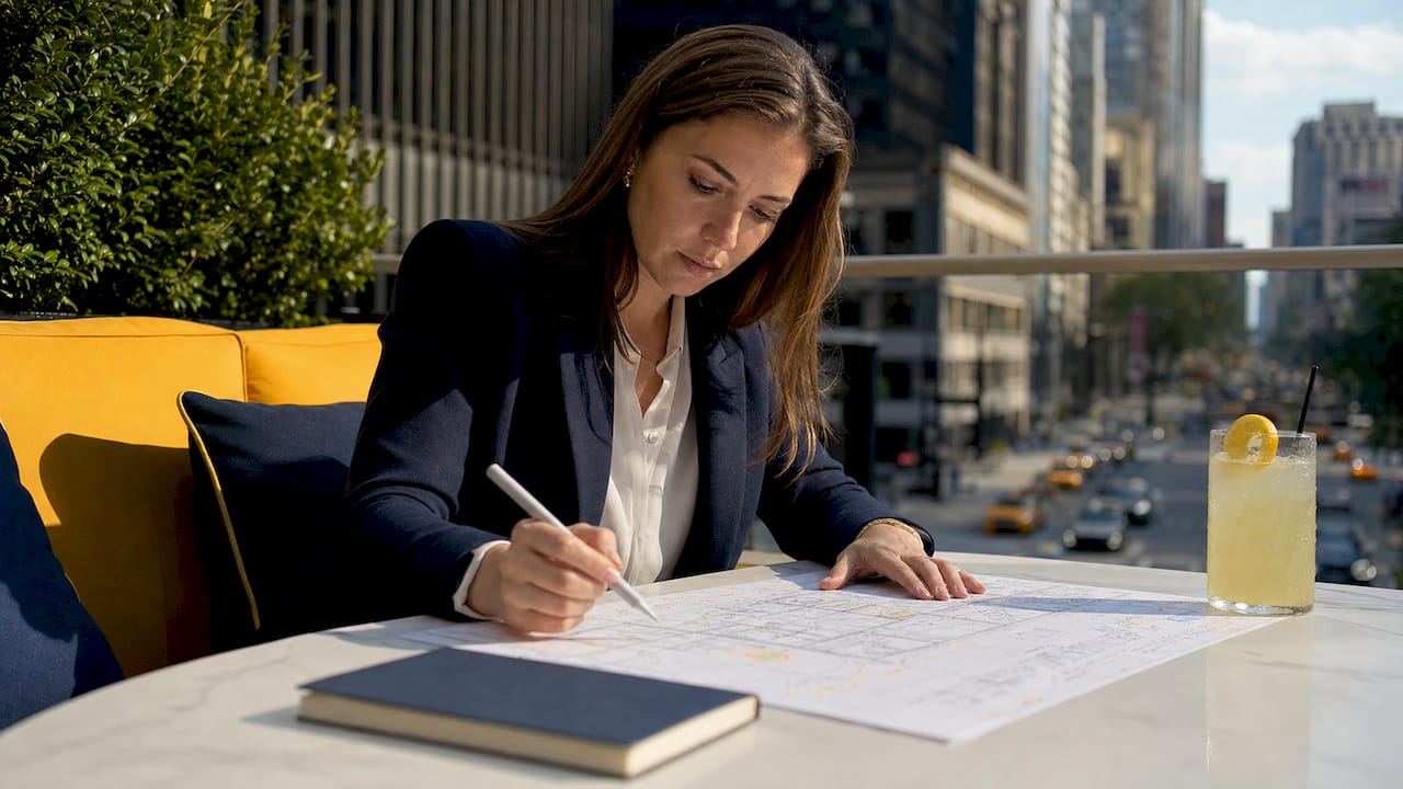 Project manager reviewing construction software and blueprints