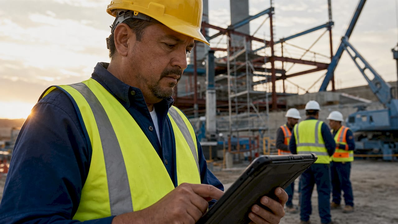 Field supervisor using construction management tablet on site