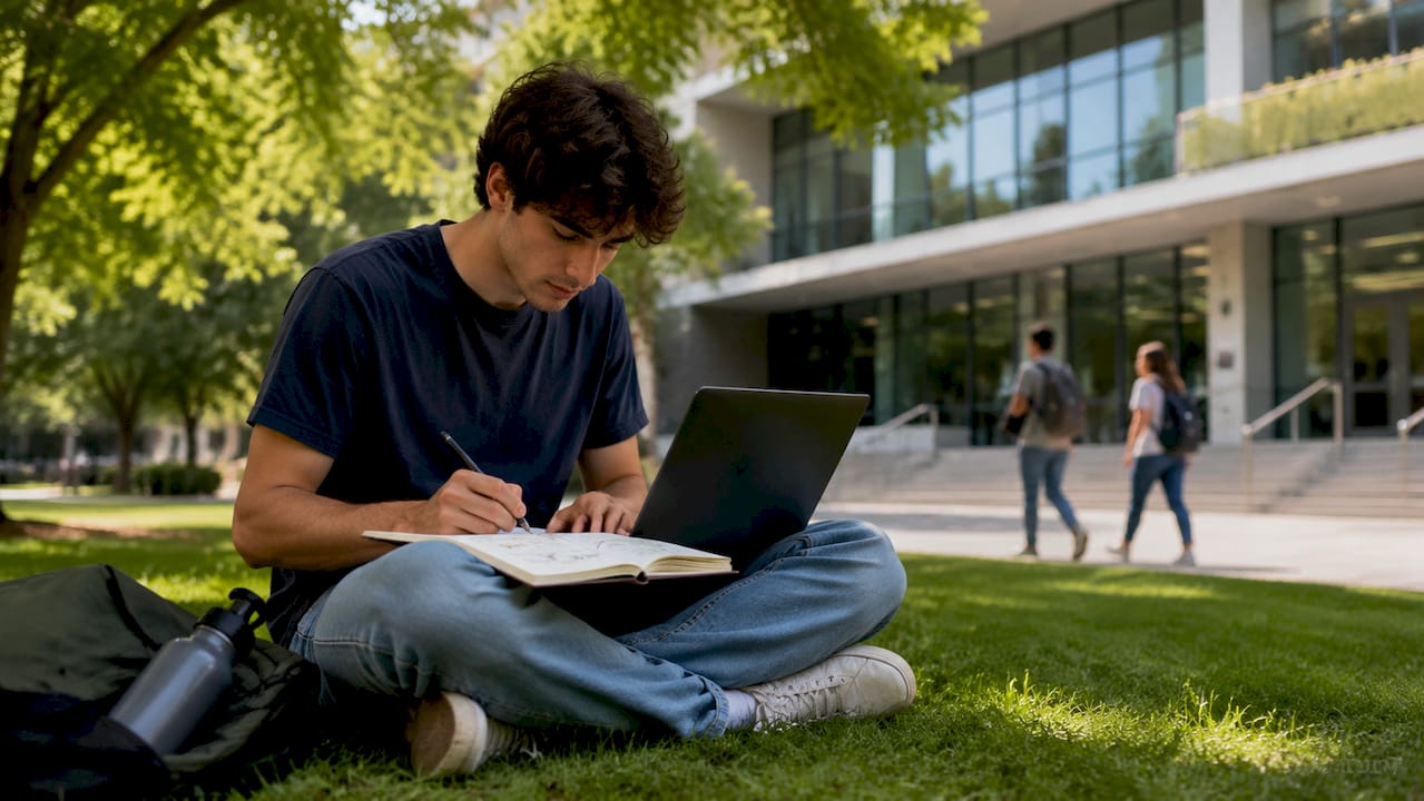 Student reviewing short term goal checklist outdoors