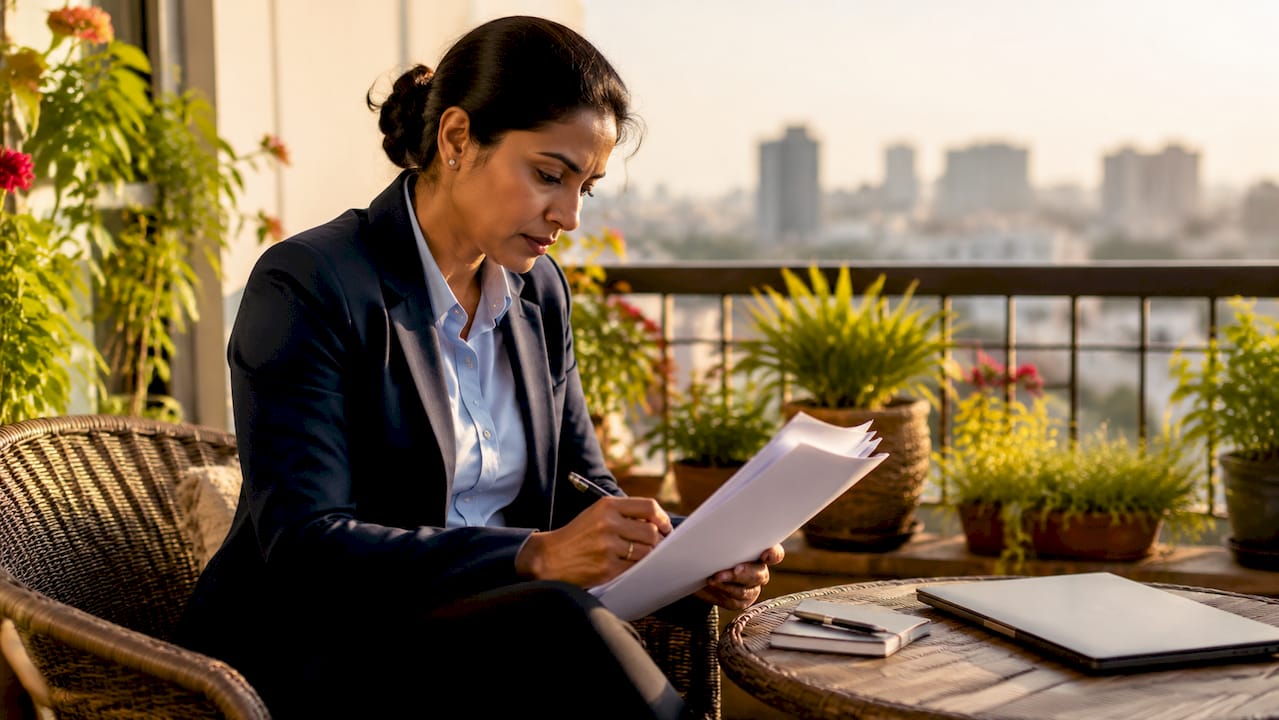 Project manager reviewing PRINCE2 documents at office table