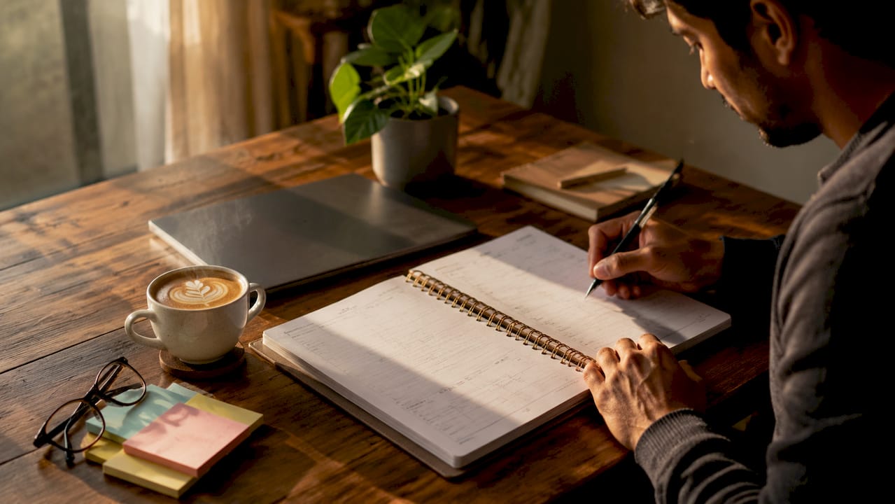 Overhead view of hands planning work life balance