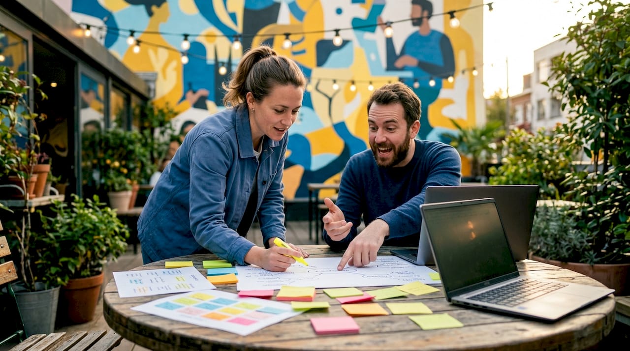 Two professionals brainstorming note organization frameworks