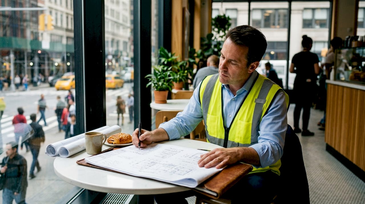 Contractor project manager reviewing plans at meeting table
