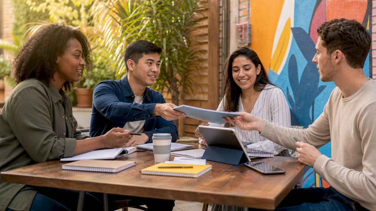 Professionals handing off tasks around table