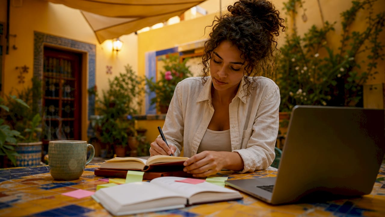 Young adult writing life goals at kitchen table