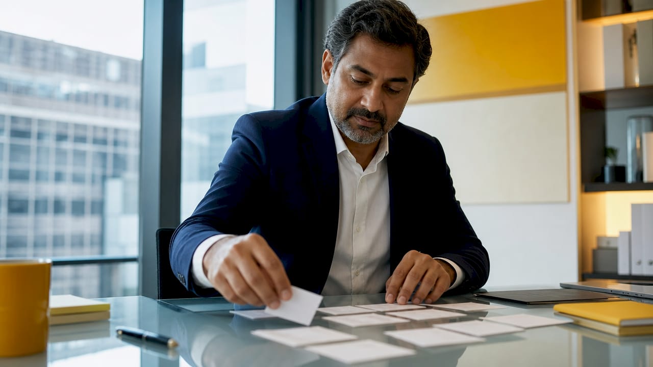 Man reviewing goal setting cards at coworking space