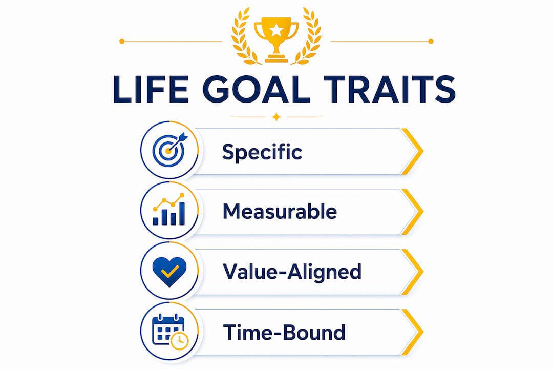 Infographic illustrating key characteristics of life goals