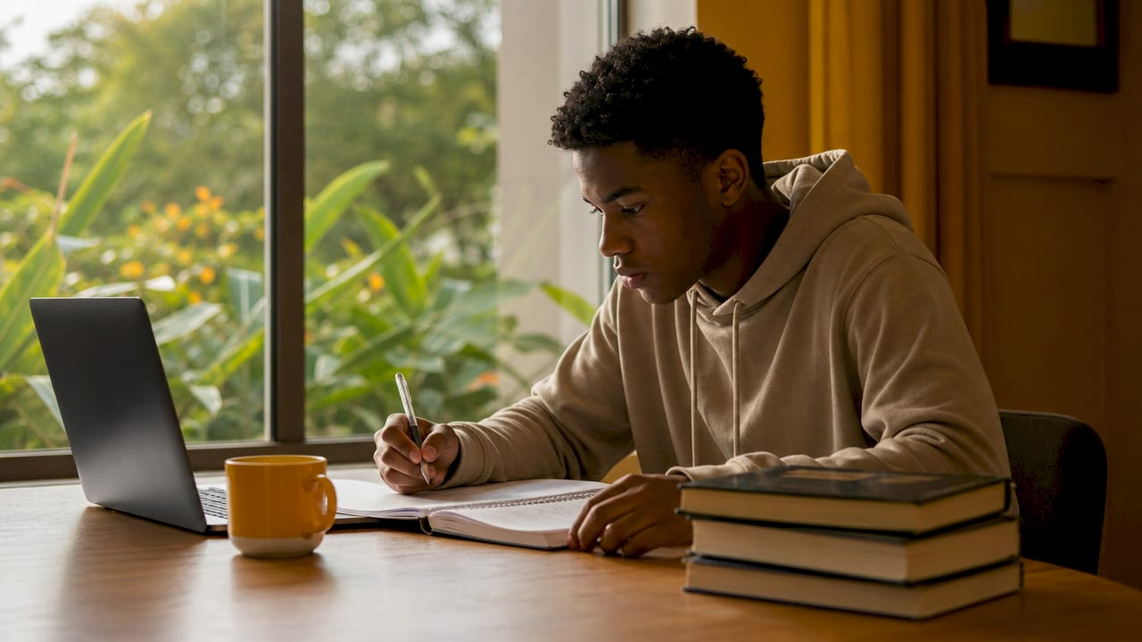 Student reviewing planner for academic progress