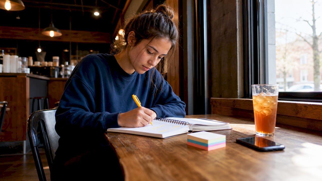 Student writing SMART goals notes at desk