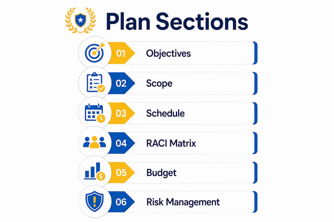 Infographic outlining six core project plan sections