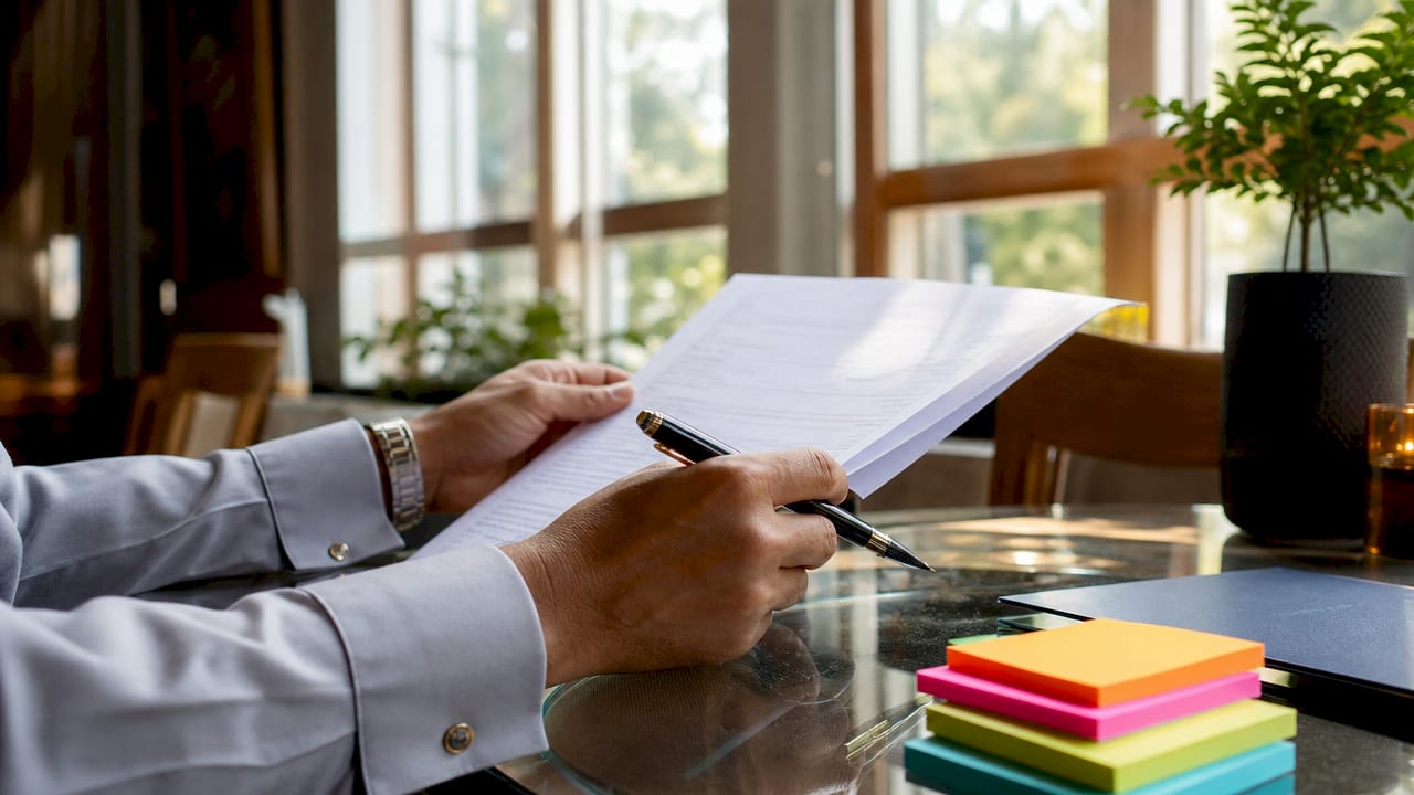 Hands writing in decision log