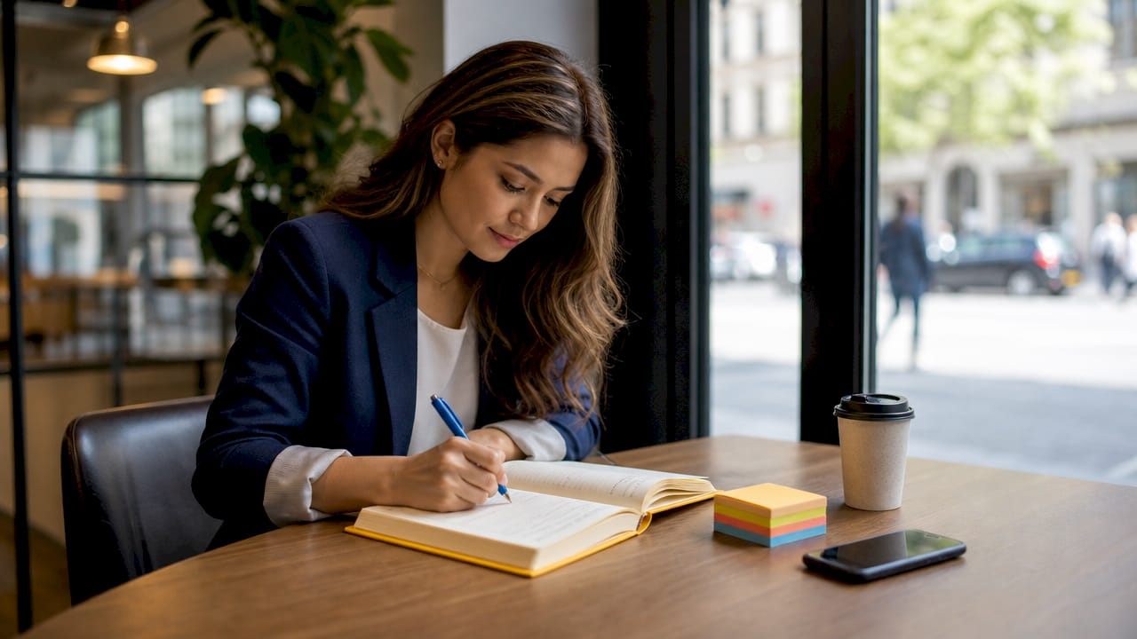 Woman writing goals in planner at home office