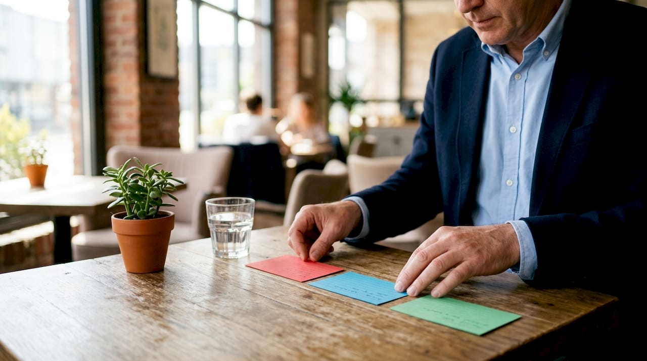Hands arranging goal type index cards on desk
