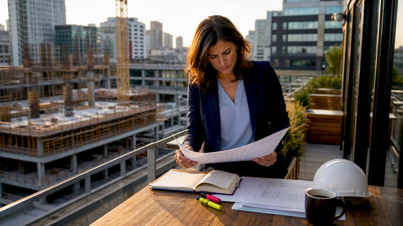 Construction project manager reviewing blueprints in office