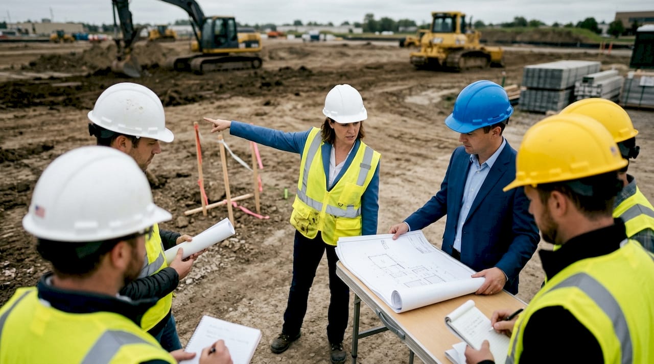 Project manager and team at preconstruction site