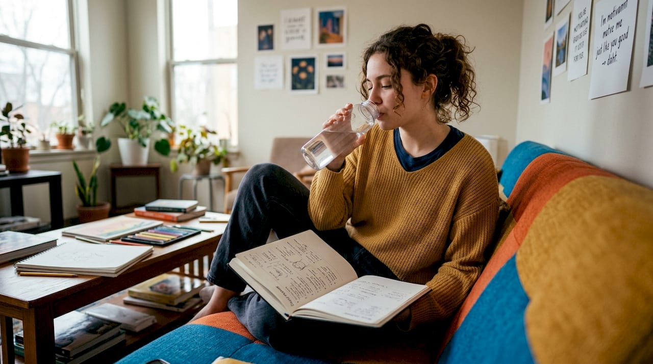 Student drinking water reviewing morning routine