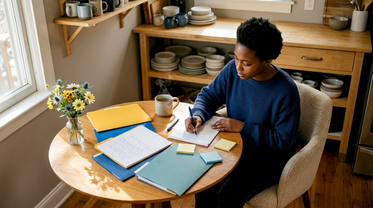 Woman organizing multiple project folders on desk
