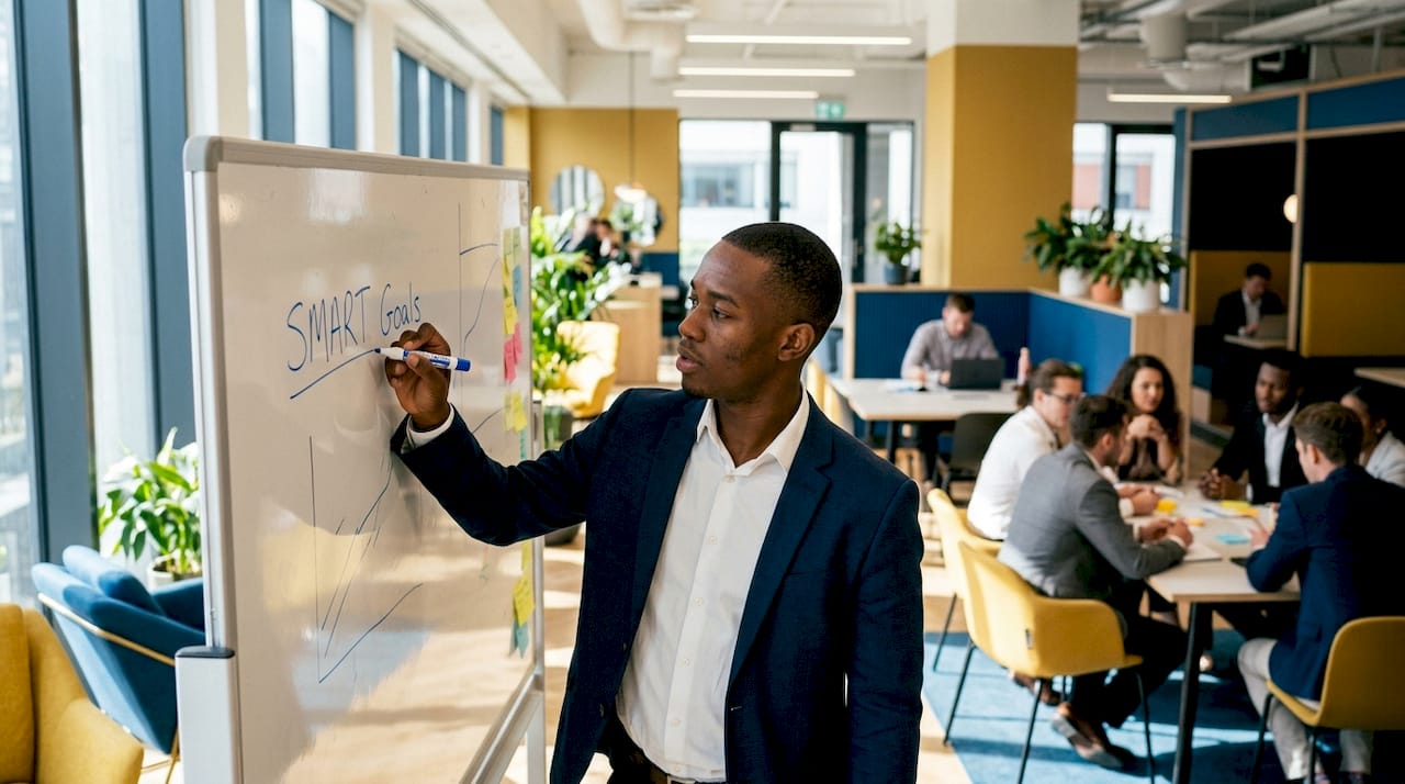 Employee writing SMART goals notes