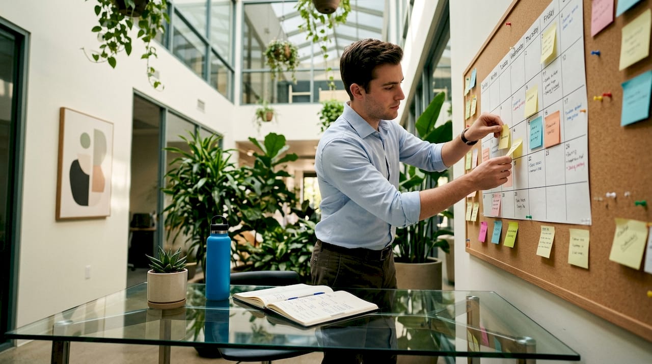 Professional arranging tasks on whiteboard calendar