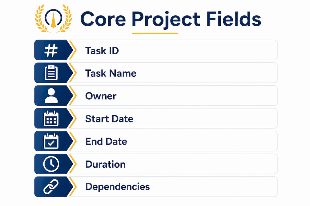 Infographic illustrating six core project schedule data fields