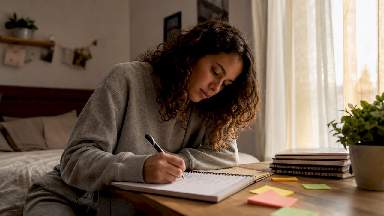 Student writing organized to-do list at kitchen table