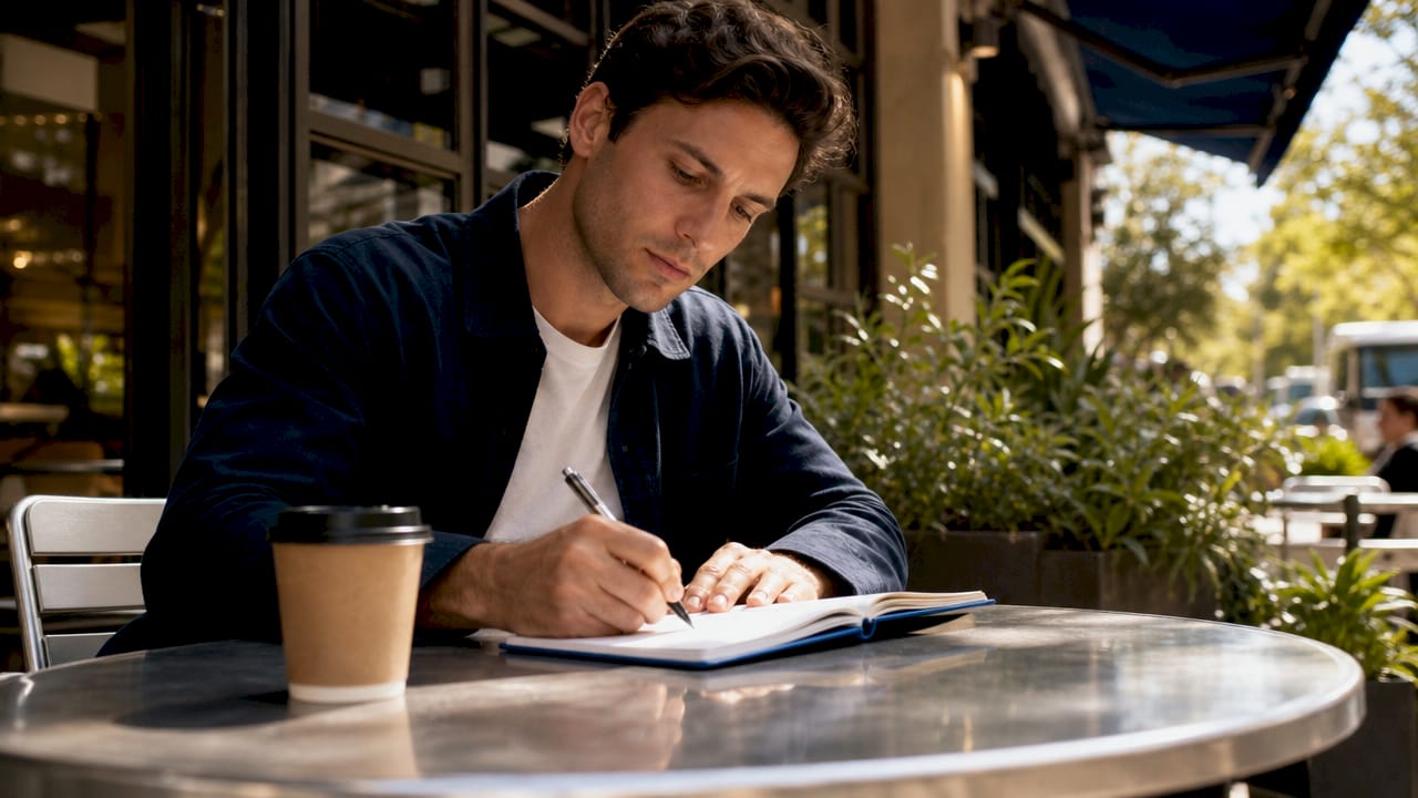 Young professional writing career roadmap at desk