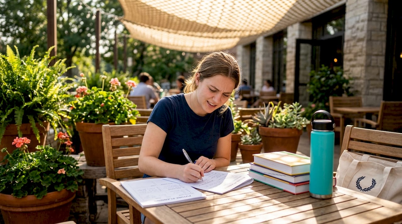Student studying future plans at library table