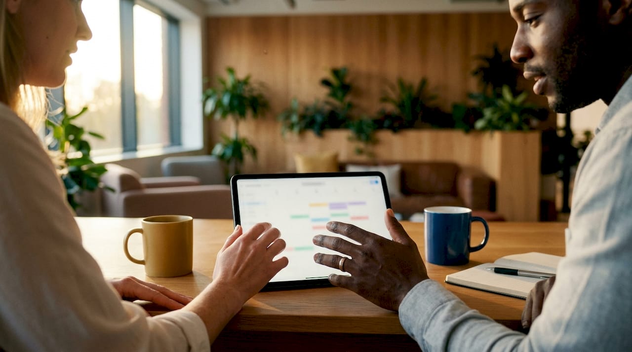 Hands collaborating on digital leave system tablet