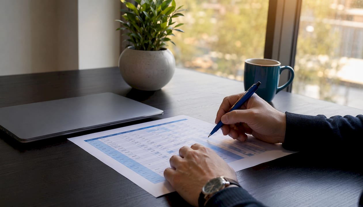 Close-up of hands with printed Excel task list template