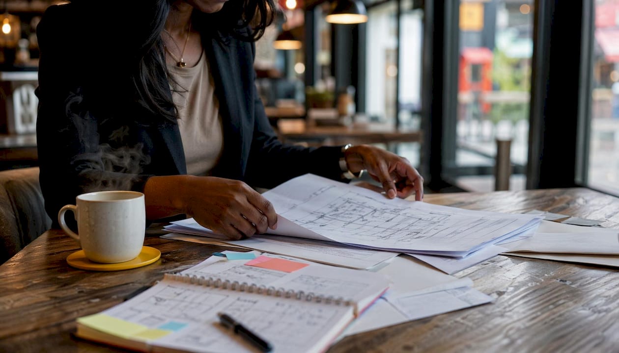 Hands arranging blueprints for preconstruction planning