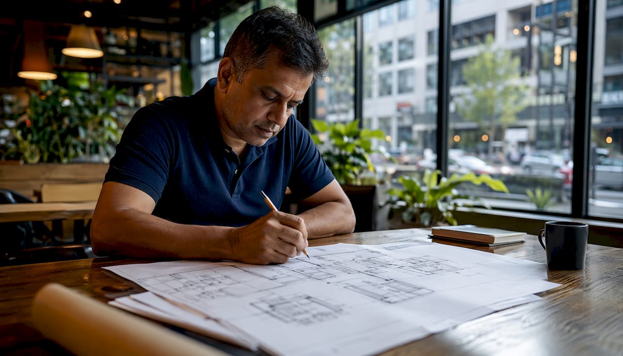 Construction project manager reviewing building plans