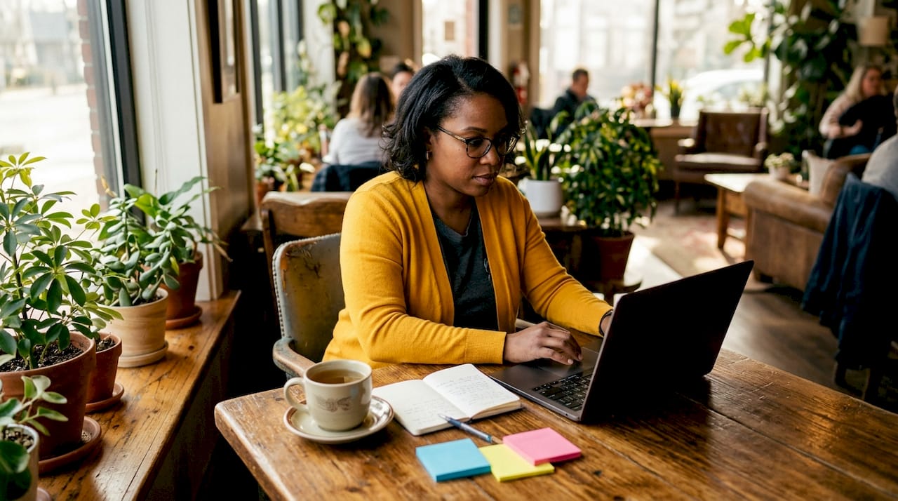Woman managing monday.com tasks at home laptop