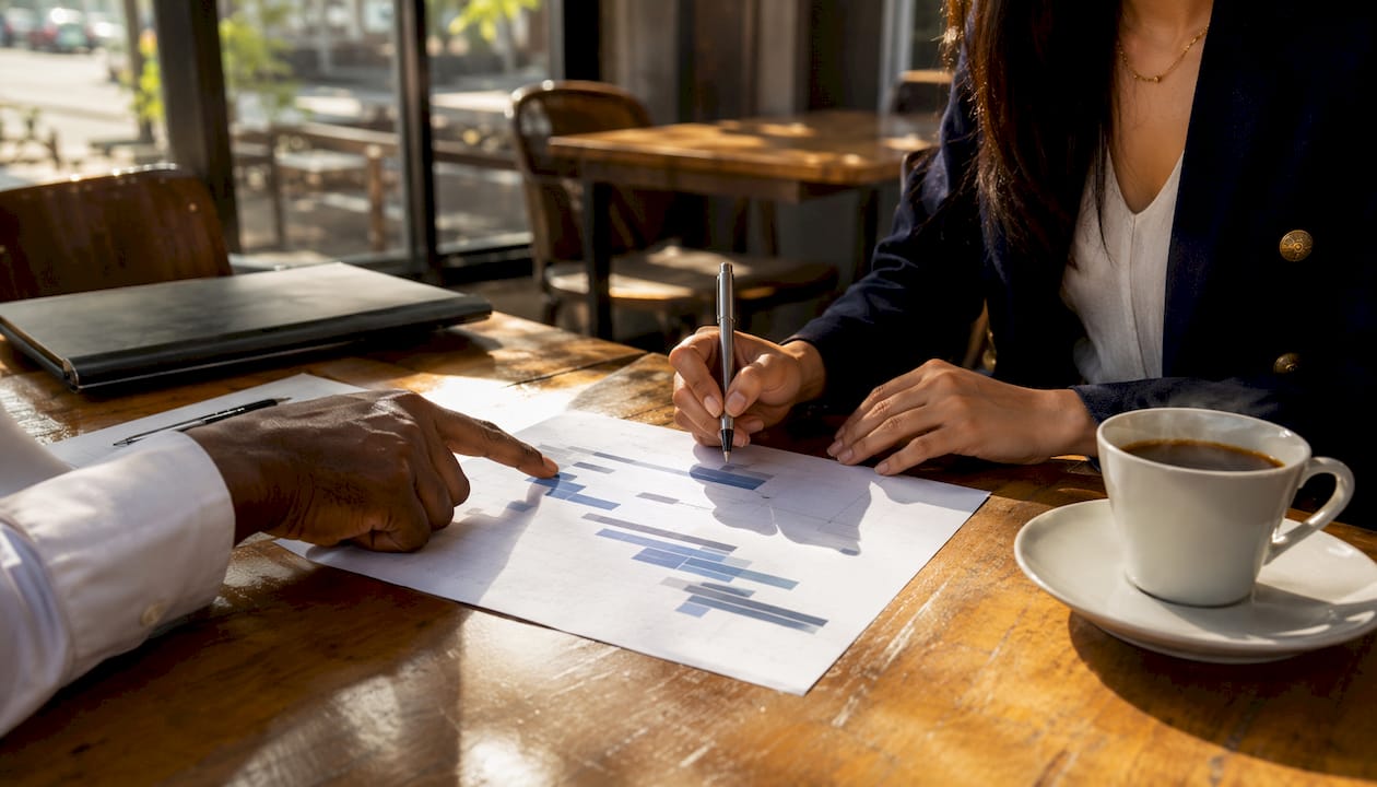 Two professionals discussing a Gantt chart template at table