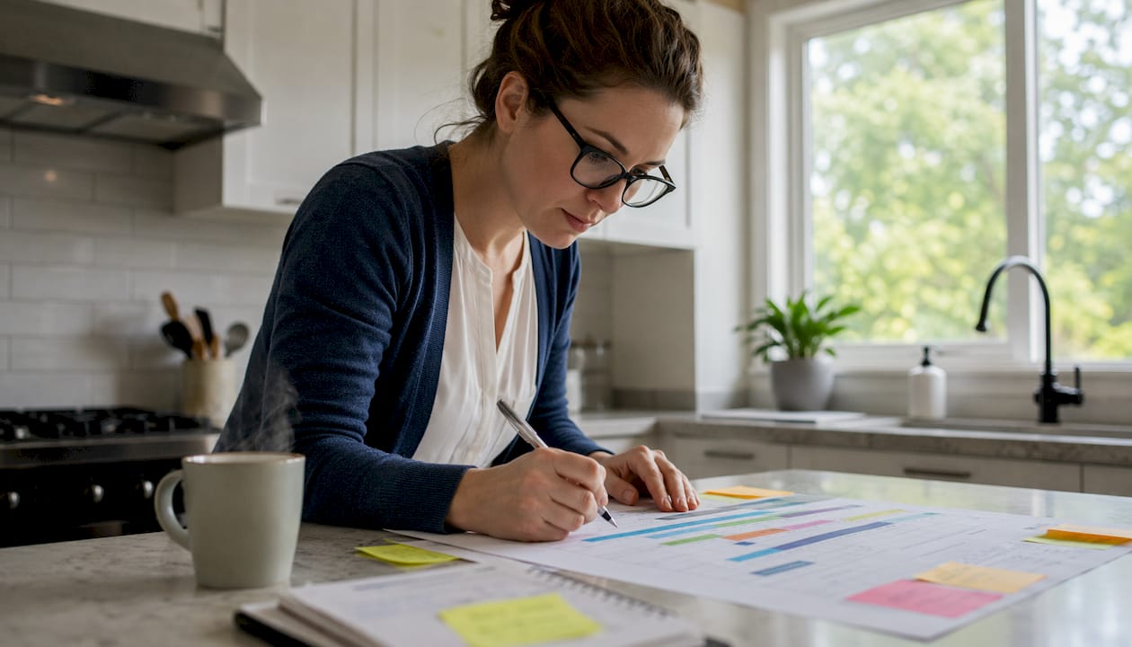 Project manager reviewing printed Gantt chart at desk