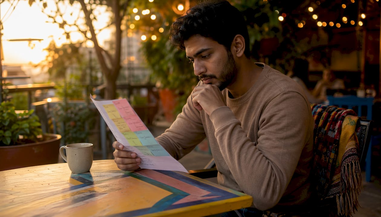 Man reviewing handwritten to-do list in café