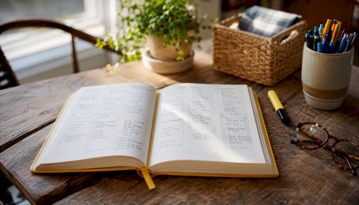 Open physical weekly planner with pen and glasses