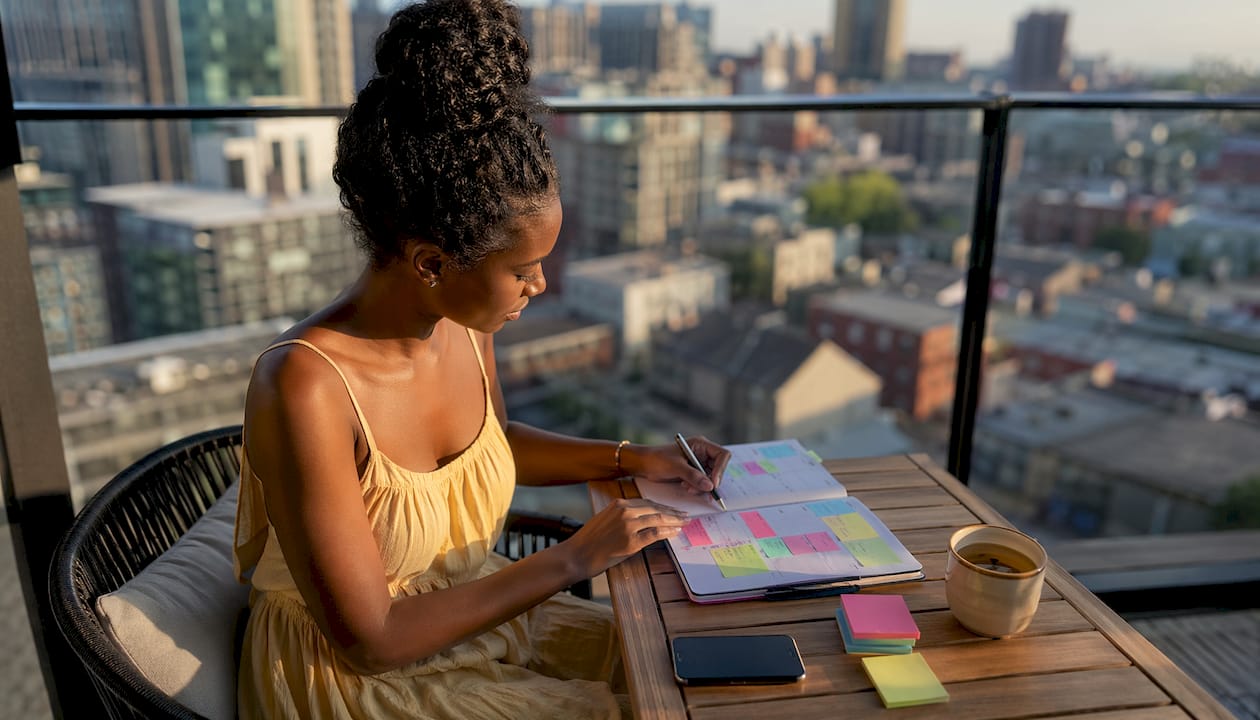 Woman organizing weekly planner at home