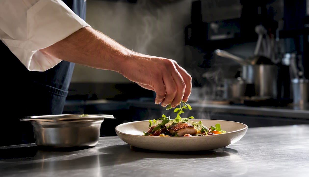 Un chef da los últimos toques a un plato en la cocina de un restaurante.