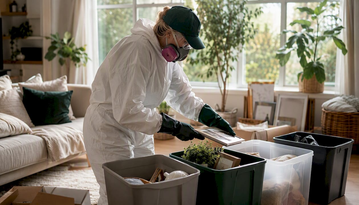 Specialist sorting items during hoarder cleanout process