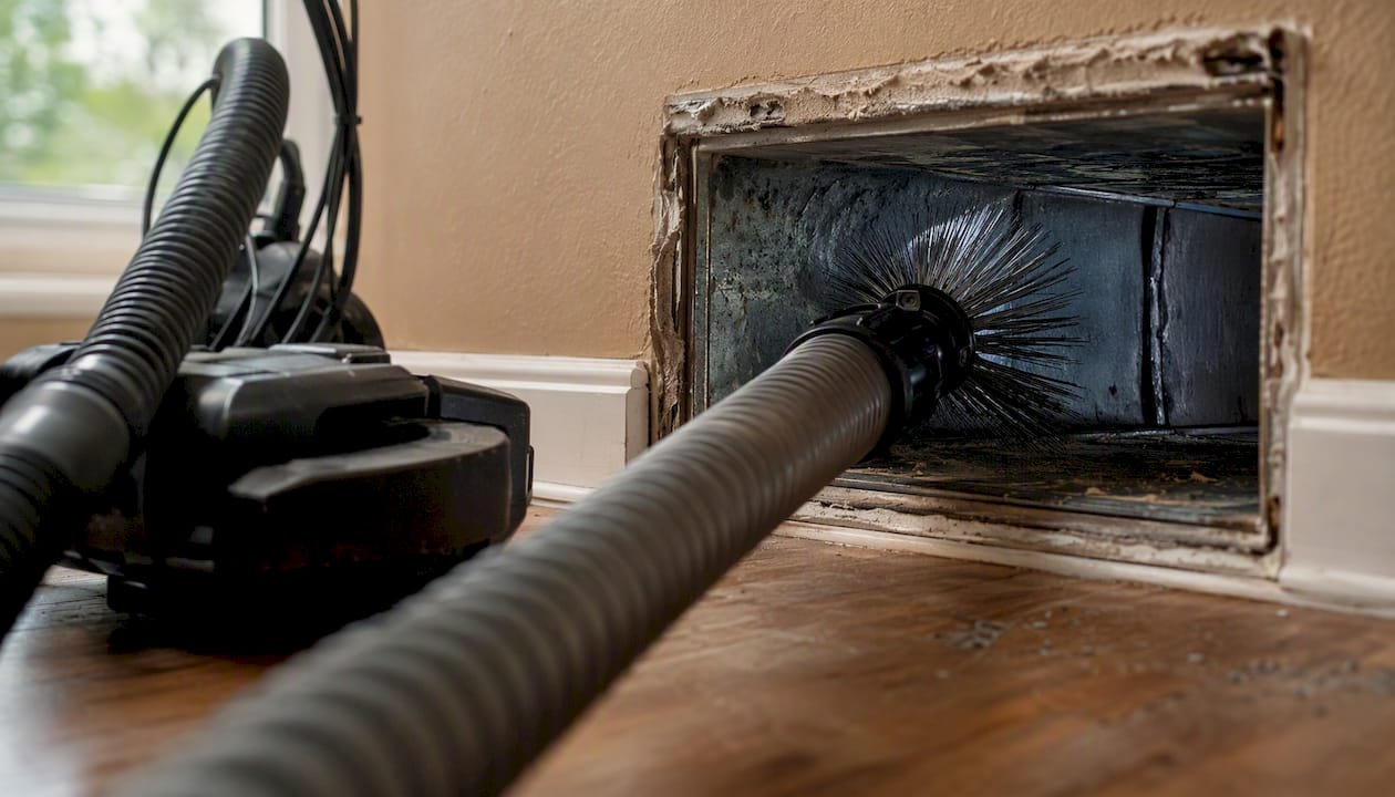 Duct cleaning hose inserted in home HVAC duct