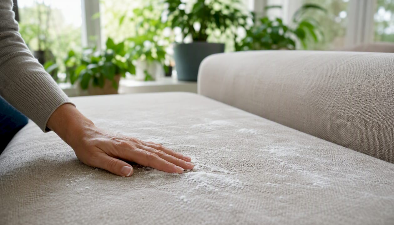 Baking soda applied to upholstery fabric