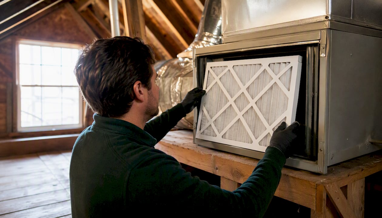 Hands installing new HVAC air filter