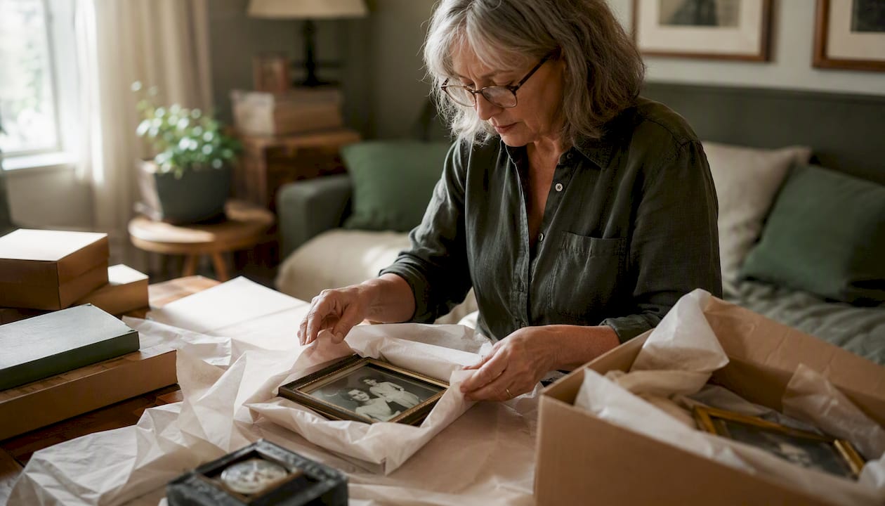 Hands packing family keepsakes with care