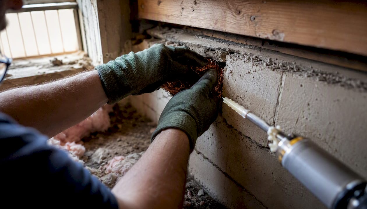 Hands sealing small gap with steel wool and caulk