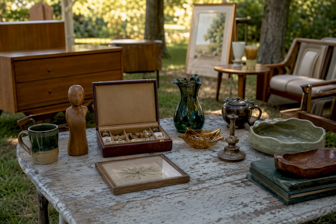 Estate sale items arranged for listing photos