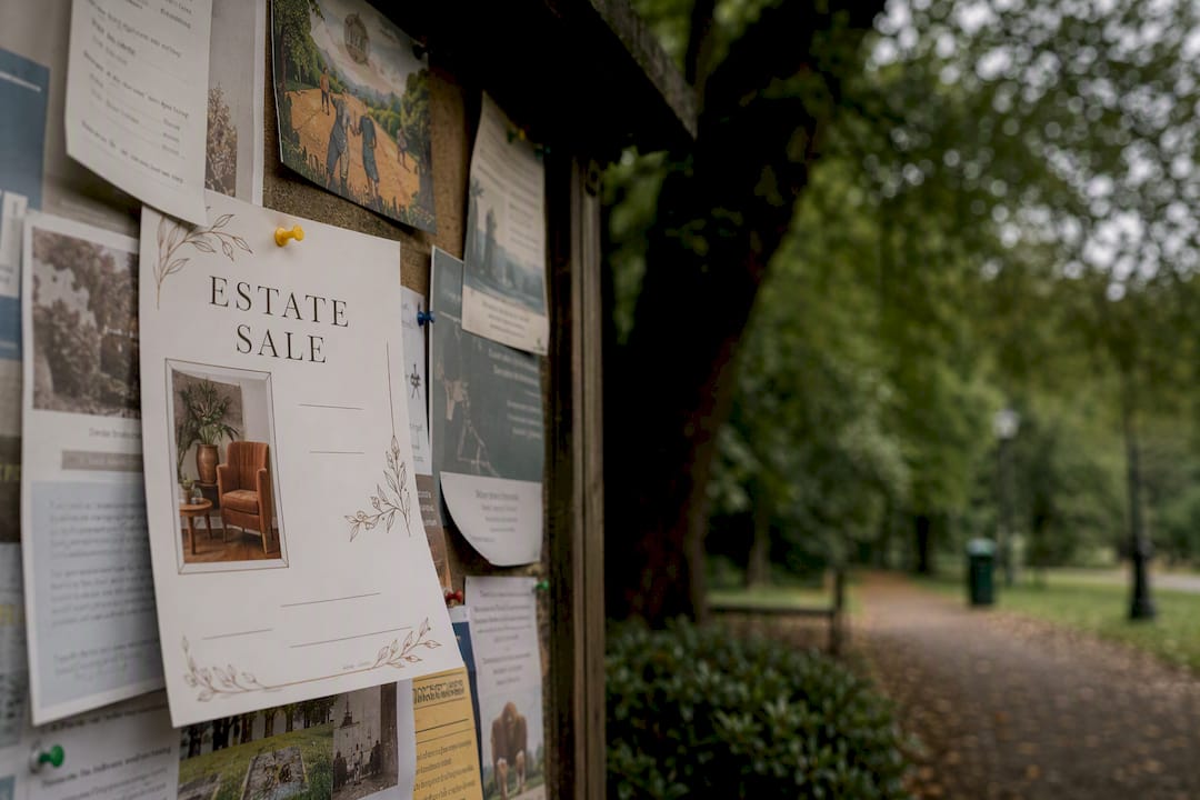 Community bulletin board with estate sale flyer