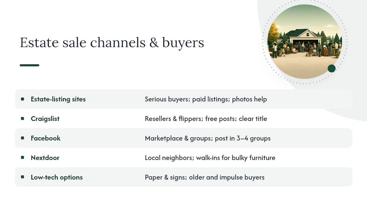 Comparison of estate sale advertising platforms and buyer audiences